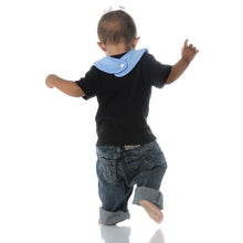 Bumkins Blue Bandana Bib showing Snap Closure on baby boy